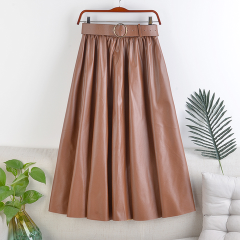 Neophil 2022 Winter Women PU Faux Leather Midi Skirts Fashion Vintage Sashes A-Line High Waist Flare Belt Skirt Longa Saia S92N6 ► Photo 1/6