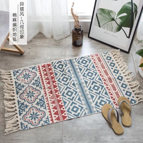 Retro Bohemian Hand Tassel Woven Cotton Linen Carpet Bedside Rug Geometric Floor Mat Long Rug Bedspread Tapestry Home Decoration ► Photo 1/5
