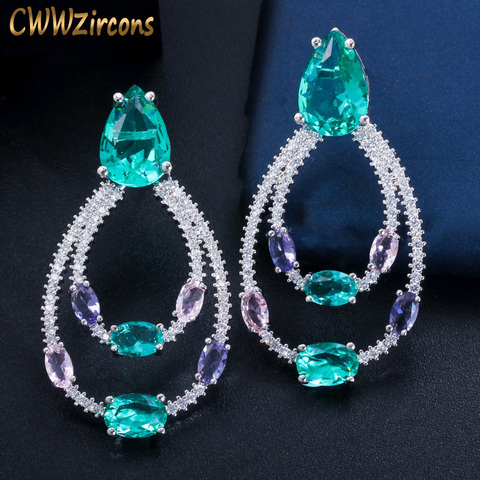 CWWZircons Designer Double Circle Drop Light Blue Cubic Zirconia Crystal Dangle Earrings Trendy Female Party Jewelry Gift CZ703 ► Photo 1/6