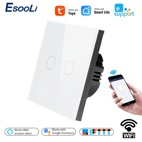 Esooli EU Standard Tuya/Smart Life/ewelink 2 Gang 1 Way WiFi Wall Light Touch Switch for Google Home Amazon Alexa Voice Control ► Photo 1/6