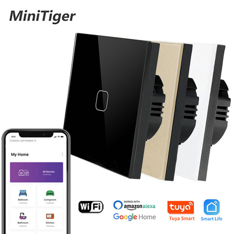 Minitiger EU/UK Standard Tuya Smart Life Glass Panel Light Touch Switch Voice Control Light Wireless Touch Wall Switch ► Photo 1/6