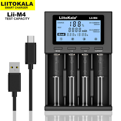 LiitoKala Lii-M4 5V 18650 Charger, LCD Display Universal Smart Charger Test capacity for 26650 18650 21700 18500 AA AAA etc ► Photo 1/6
