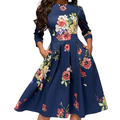 Plus size dresses Wome Fashion Floral Print 3/4 Sleeve Round Neck A-line Slim Ruched Ladies Summer dress for wedding Party Dress ► Photo 1/6