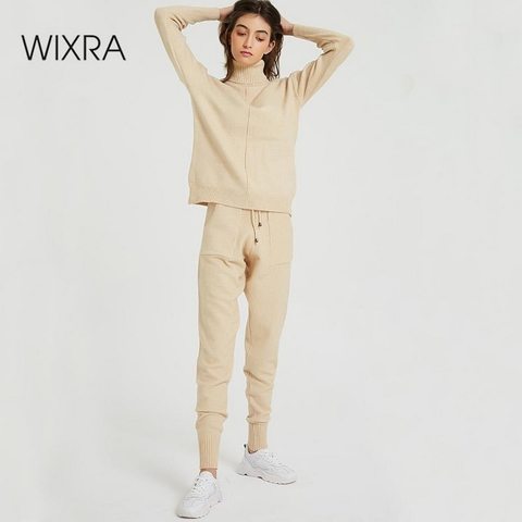 Wixra Women's Sweater Suits and Sets Turtleneck Full Sleeve Knitted +Pockets Long Trousers 2PCS Sets Winter Costume ► Photo 1/6