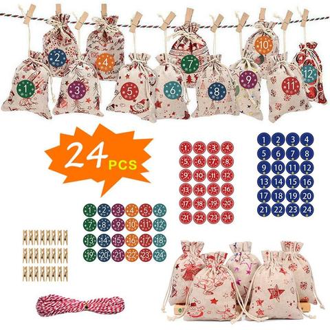 24PCS Christmas Advent Calendar Countdown Bag Sack Hanging Gift Pouch With Clips Stickers 2022 Christmas Advent Calendar Bags ► Photo 1/6