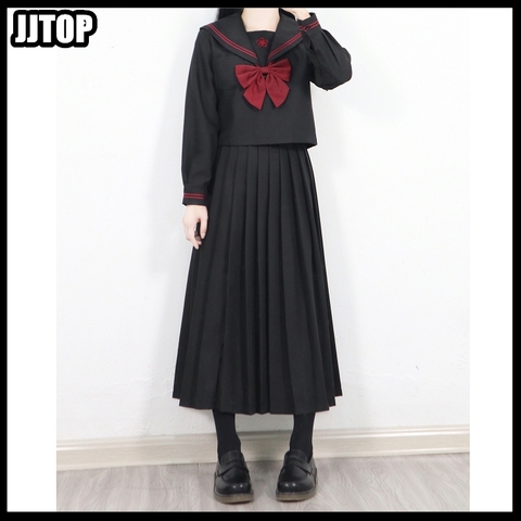 HIGH QUALITY Red Sakura Embroidery Japanese Uniforms Black Cute Sailor Tops Pleated Skirt Full Sets Cosplay JK Costume ► Photo 1/6