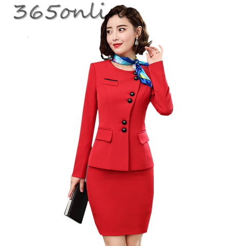 Novelty Red Formal Women Business Suits with Skirt and Jackets Coat Professional Office Ladies Blazers OL Styles with Scarf ► Photo 1/6