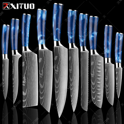 XITUO kitchen knives Set Exquisite blue resin handle Laser Damascus pattern Chef knife Santoku Cleaver Slicing Knives Best Gift ► Photo 1/6