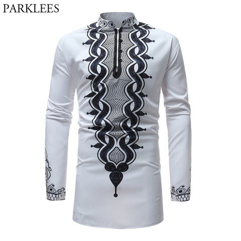 African Tribal Dashiki Longline Shirt 2022 Brand New Slim Long Sleeve Mandarin Collar Dress Shirt Men African Clothing Camisa ► Photo 1/6
