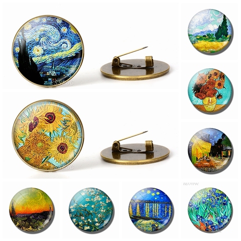 Retro Van Gogh Art Starry Night Sunflower Brooches Men Women Glass Cabochon Dome Jewelry School Bag Bronze Brooch Pins Gift ► Photo 1/6