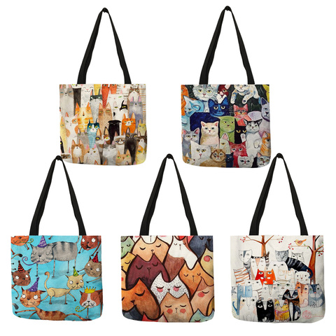Design Cute Kawaii Cartoon Anime Cat Print Linen Tote Bag Women Fashion Handbags School Travel Shopping Shoulder Bags Reusable ► Photo 1/6