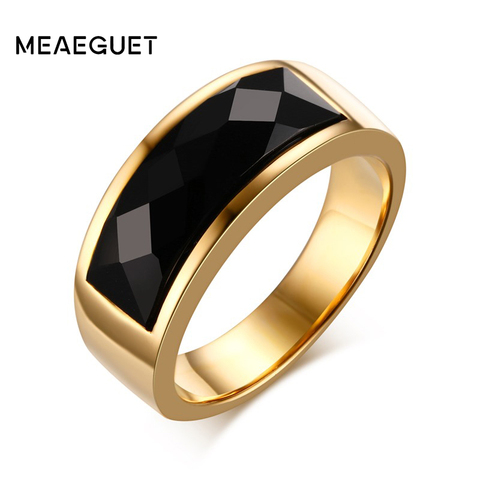 Meaeguet Cool Men Rings Stainless Steel Black Rhombic Cut Stone Rings Wedding Band Bague Homme 8MM Wide ► Photo 1/1