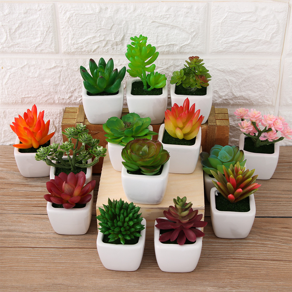 Artificial Succulents Plants Fake Bonsai Pot Cactus Home Office Table Decor Vase 