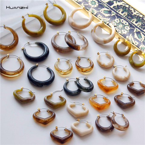 HUANZHI 2022 Retro Transparent Resin Acrylic Hoop Earrings Geometric Round Small Big Circle love Shape For Women Girls Jewelry ► Photo 1/6
