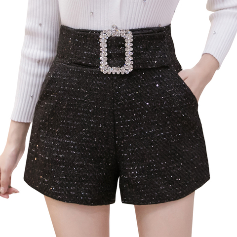 Fashion tweed shorts for women 2022 autumn winter new sequins black women shorts diamonds belt high waist wide leg femme shorts ► Photo 1/6