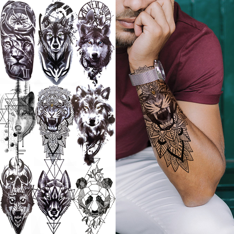 Buy Online Tiger Black Tribal Totem Temporary Tattoo For Men Women Kids Fake Wolf Panda Lion Death Skull Tattoo Sticker Geometric Arm Tatos Alitools