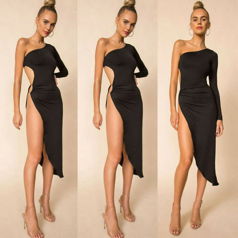 Sexy Women Thigh-high Slit Bodycon Dress Lady Solid One Shoulder Evening Party Midi Dress Club Fashion Hollow Irregular Dress ► Photo 1/6