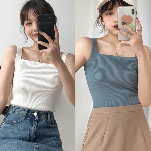 Women's Sexy Square Collar Solid Color Sleeveless Vest Summer Sweet Ladies Knitted Bottoming Tank Top ► Photo 1/6