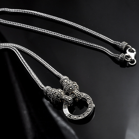 Real Silver Long Chain Retro Necklace Women S925 Sterling Silver Marcasite Stone Pendant Necklace Thai Silver Necklace Jewelry ► Photo 1/6