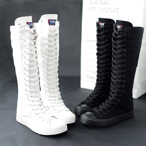 Spring Autumn Women Shoes Canvas Casual High Top Shoes Long Boots Lace-Up Zipper Comfortable Flat Boots Sneakers 2022 New ► Photo 1/6