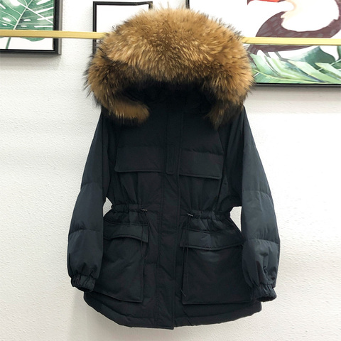 Janveny Winter Jacket Women 90% White Duck Down Parkas Slim Puffer Jackets Large Natural Raccoon Fur Hooded Female Snow Coat ► Photo 1/6