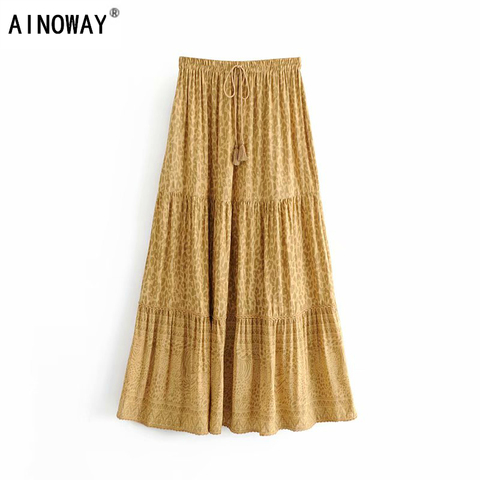 Vintage chic fashion Hippie women beach Bohemian yellow floral print skirt High Elastic Waist   A-Line Boho Maxi Skirt Femme ► Photo 1/6