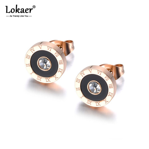 Lokaer Trendy Stainless Steel Black Acrylic Circle Roman Numeral Wedding Earrings For Women CZ Crystl Earrings Jewelry E19072 ► Photo 1/6