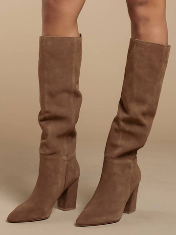 Knee High Suede Boots Chunky Square Heel Pointed Toe Winter Women Long Boots Slip On Runway Party Solid Shoes Slouth Style ► Photo 1/6