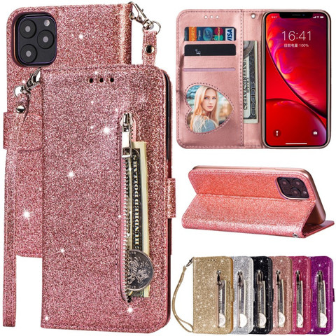 For iPhone 11 Pro X XR XS Max Case Glitter PU Leather Holder Stand Cover For iPhone 8 7 6 6S Plus Wallet Card Slots Flip Case ► Photo 1/6