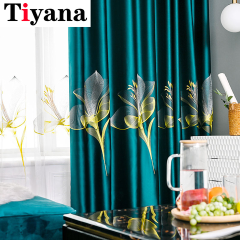 Luxury Dark green Curtains with Lily Embroidery for Bedroom Living room Window Treatment Sheer Blue Tulle Curtains ZH449Y ► Photo 1/6