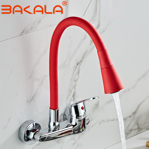 BAKALA RED color Wall Mounted Kitchen Faucet Wall Kitchen Mixers Kitchen Sink Tap 360 Degree Swivel Flexible Hose Double Holes ► Photo 1/6