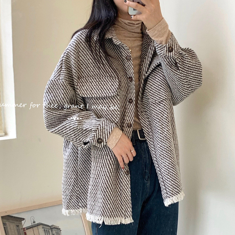 JuneRain Women Autumn New Retro Houndstooth Shirts Vintage Tassel Loose Wild Long Sleeve Jacket Casual Street Lady Outwears ► Photo 1/6