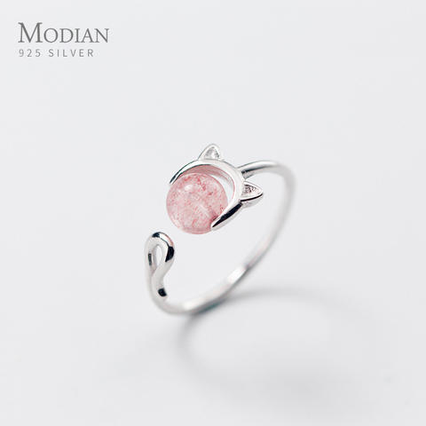 Modian Pink Crystal Cute Cat Face Open Adjustable Ring for Women Fashion Sterling Silver 925 Animal Ring Fine Jewelry Bijoux ► Photo 1/4