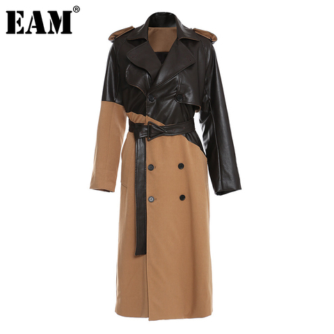 [EAM] Women Khaki Pu Leather Big Size Long Trench New Lapel Long Sleeve Loose Fit Windbreaker Fashion Spring Autumn 2022 1DD0024 ► Photo 1/6