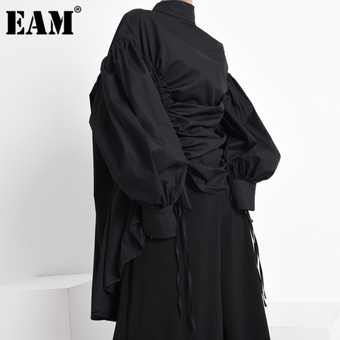 [EAM] Women Drawstring Big Size Blouse New Stand Collar Long Sleeve Loose Fit Shirt Fashion Tide Spring Autumn 2022 1Z18901 ► Photo 1/6