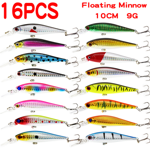 16pcs set Floating Minnow Fishing Lure Hard Artificial Crank Baits 3D Eyes 10cm 9.5g Wobblers Crankbait treble hooks bass pesca ► Photo 1/6