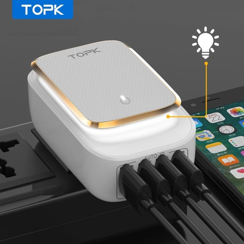 TOPK 4-Port 4.4A(Max) 22W EU USB Charger Adapter LED Lamp Auto-ID Portable Phone Travel Wall Charger for iPhone Samsung ► Photo 1/6