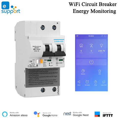 EWelink 2P WiFi Circuit Breaker Energy Monitoring Meter Smart Breaker Alexa Google Home Compatible Lan Control IFTTT Smart Home ► Photo 1/6