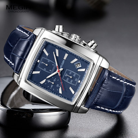 Megir Rectangle Dial Leather Strap Watch for Men Casual Blue chronograph quartz watches Man Wristwatch montre reloj часы мужские ► Photo 1/6