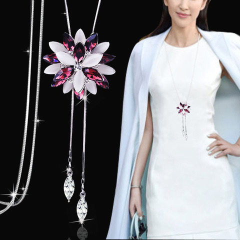 Women's Crystal Flower Long Necklace Party Jewelry For Dress Decoration Gift Sweater Chain ► Photo 1/6
