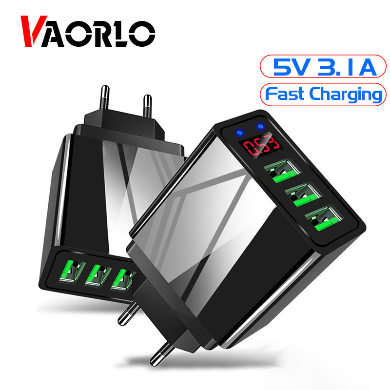 VAORLO LED Digital Display Charger USB Port 5V 3.1A Fast Charging 3 Port For Usb Charging Cable EU US For iPhone Samsung Xiaomi ► Photo 1/6
