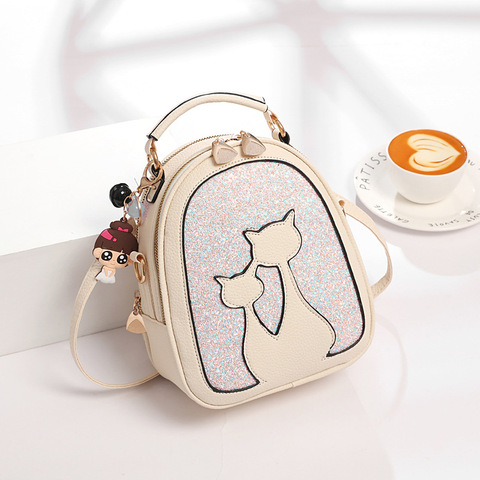 2022 Fashion Sequin Backpack Female Bag Cat Small Backpack Cute Lady Style PU Leather Backpack ► Photo 1/6