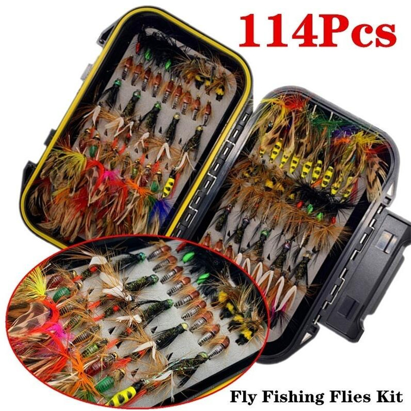 Free Box 40pcs Flies Beaded Fly Fishing Dry Trout Bass Lures Flies Collection 