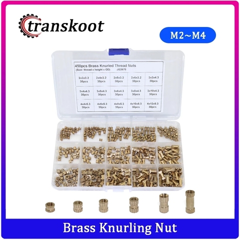 Transkoot 450Pcs M2 M3 M4 Kits Brass Injection Nut Copper Insert Knurled Nuts Knurling Nut ► Photo 1/6