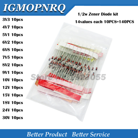 14values each 10PCS=140PCS 0.5W regulator 3.3v-30v 1/2w Zener Diode component Assorted kit 3V3 4V7 5V1 6V2 6V8 7V5 8V2 30V ► Photo 1/1