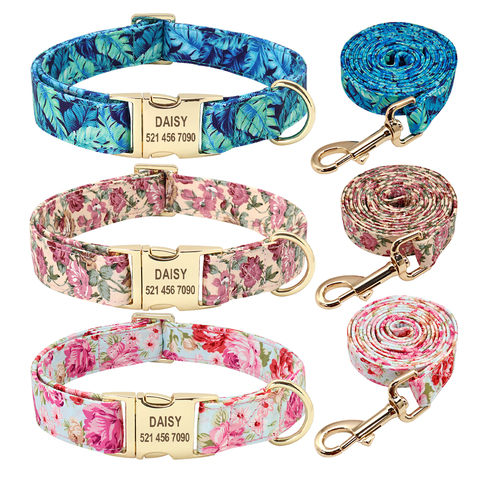 Personalized Dog Collar And Leash Set Nylon Dog Collars Floral Printed Pet Walking Leash Customized ID Tag For Medium Large Dogs ► Photo 1/6