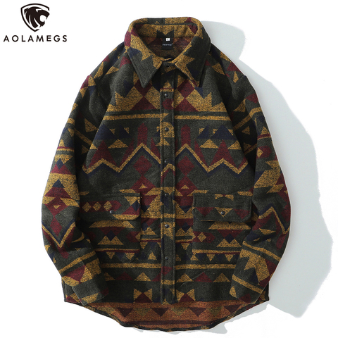 Aolamegs Patchwork Color Retro Geometric Pattern Men Shirt Thick Casual Baggy Big Pockets Harajuku High Street Autumn Streetwear ► Photo 1/6