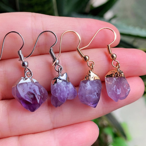 Small Flower Rock Raw Mineral Purple Crystal Quartz Dangle Earrings Birthstone Natural Amethysts Earrings Female Reiki Healing ► Photo 1/6