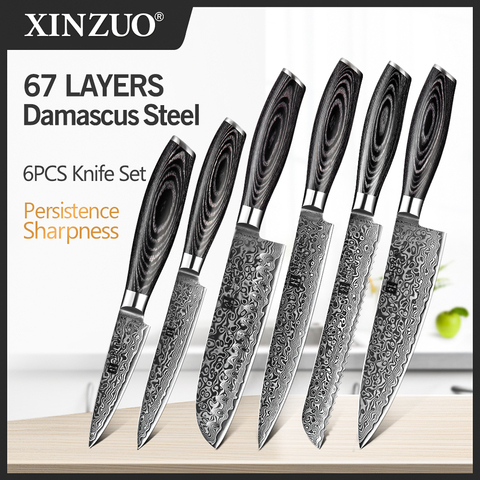 XINZUO 6 Pcs Kitchen Knives Sets High Carbon Japanese VG10 Damascus Steel Chef Santoku Bread Utility Knife Pakka Wood Handle ► Photo 1/6