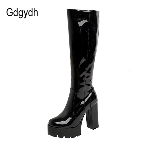 Gdgydh Patent Leather Platform Long Boots Gothic Black White Fashion Square Heel Knee High Boots Women With Zipper Good Quality ► Photo 1/6